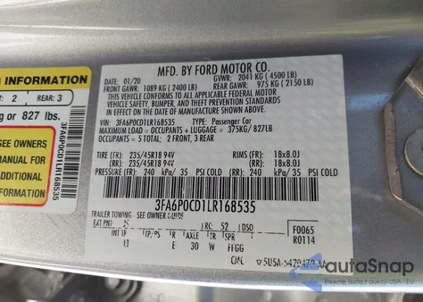 2020 Ford Fusion Sel из США, поврежденный, VIN 3FA6P0CD1LR168535